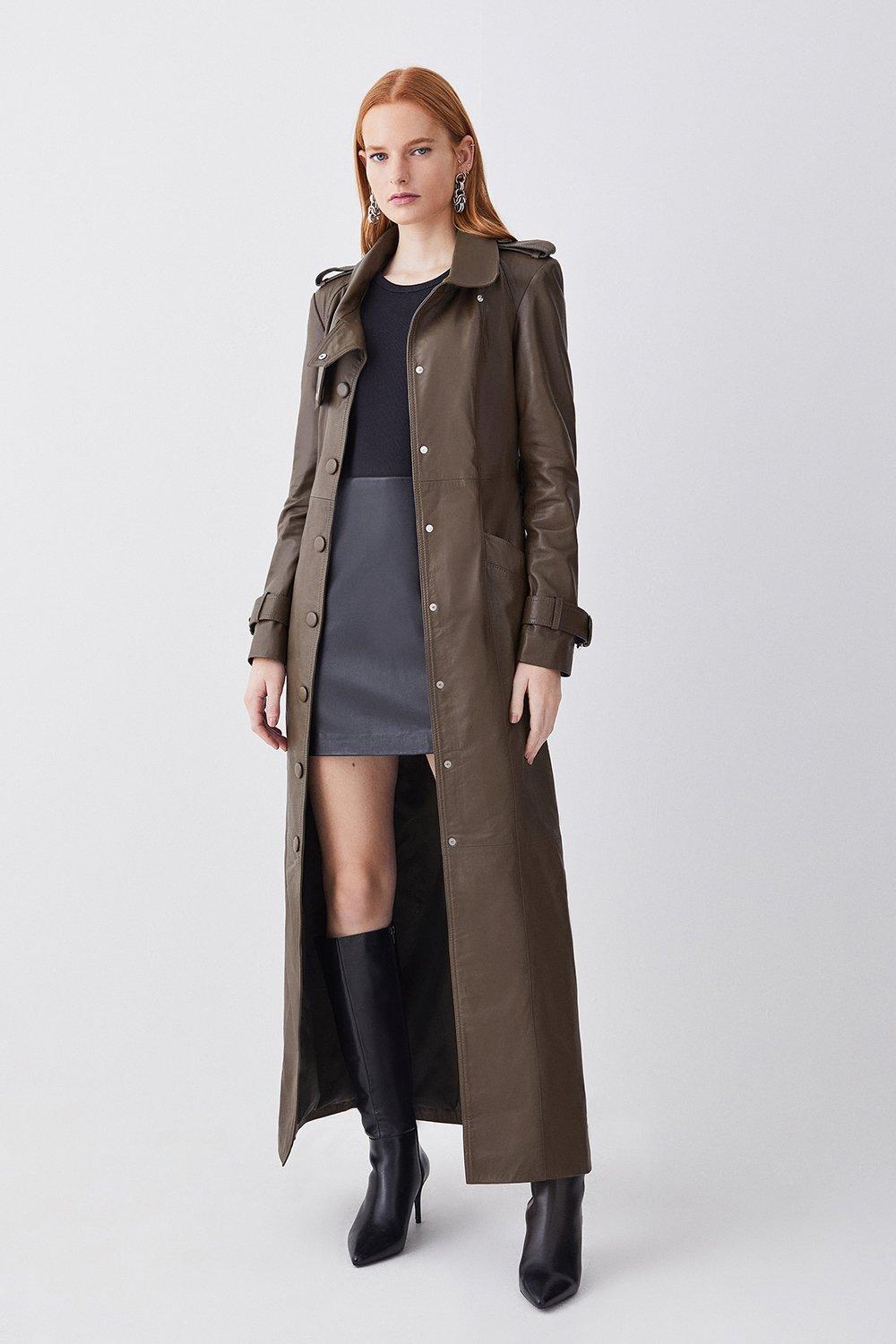 Knee length cheap leather coat